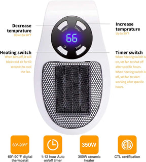 350W Fast-Heating Wall Plug-In Space Heater with Digital Thermostat & Timer