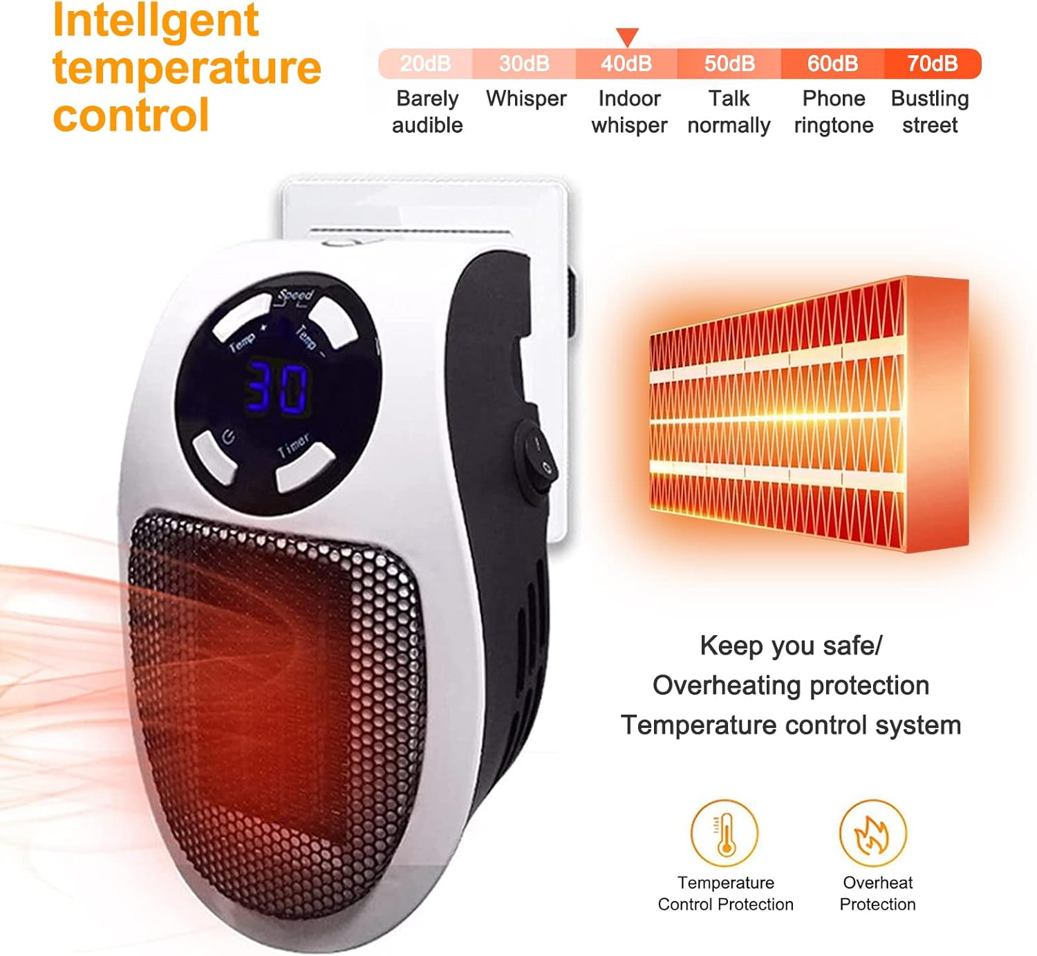 350W Fast-Heating Wall Plug-In Space Heater with Digital Thermostat & Timer