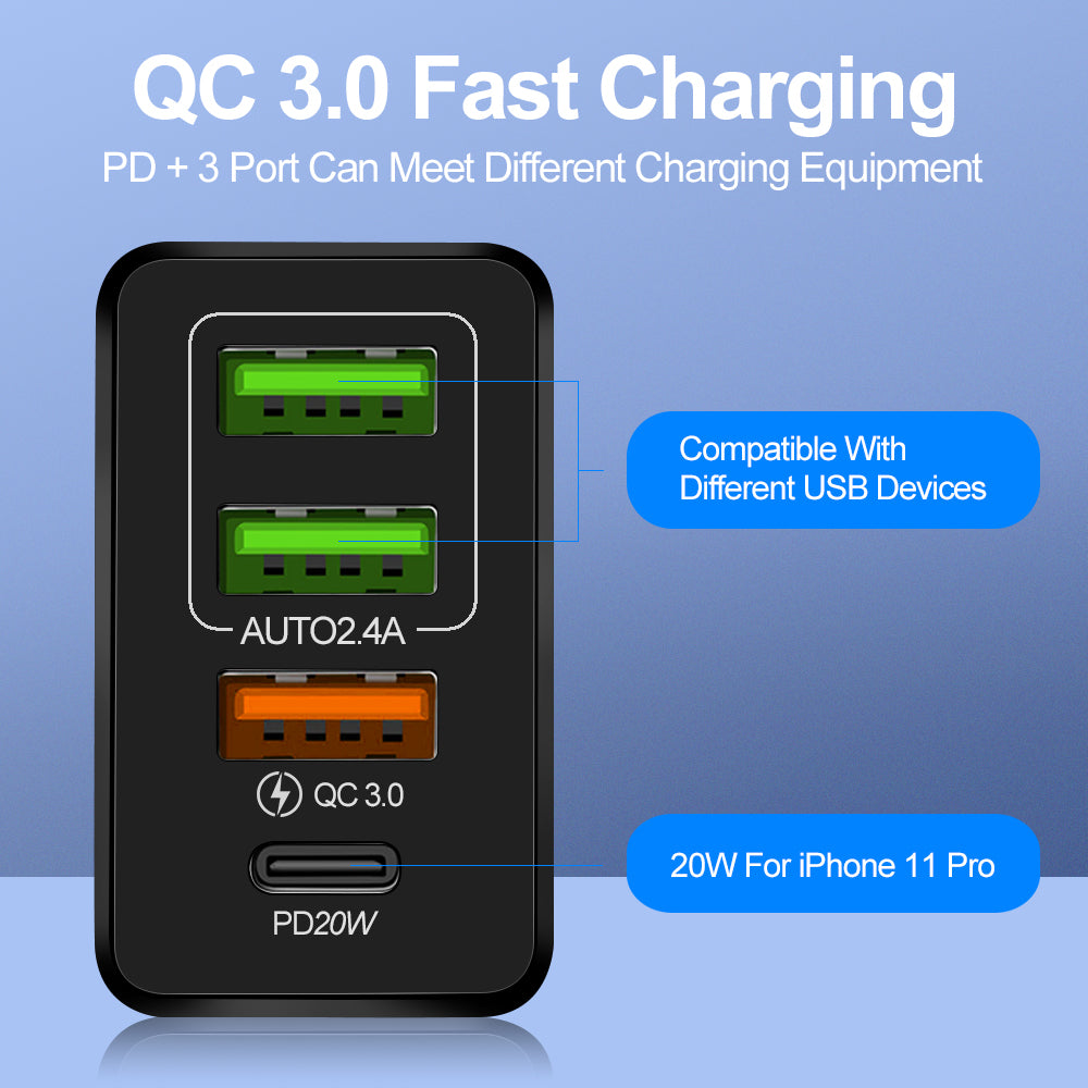 36W Quad-Port Fast Wall Charger with Power Delivery (PD) & Quick Charge 3.0
