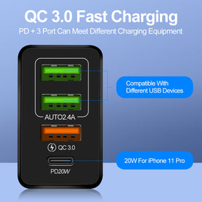 36W Quad-Port Fast Wall Charger with Power Delivery (PD) & Quick Charge 3.0