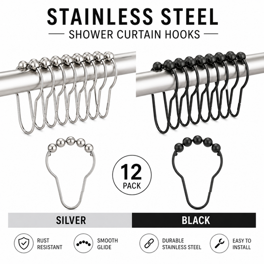 Premium Stainless Steel Roller Ball Shower Curtain Hooks – 12 Pack (Available in Black & Silver)
