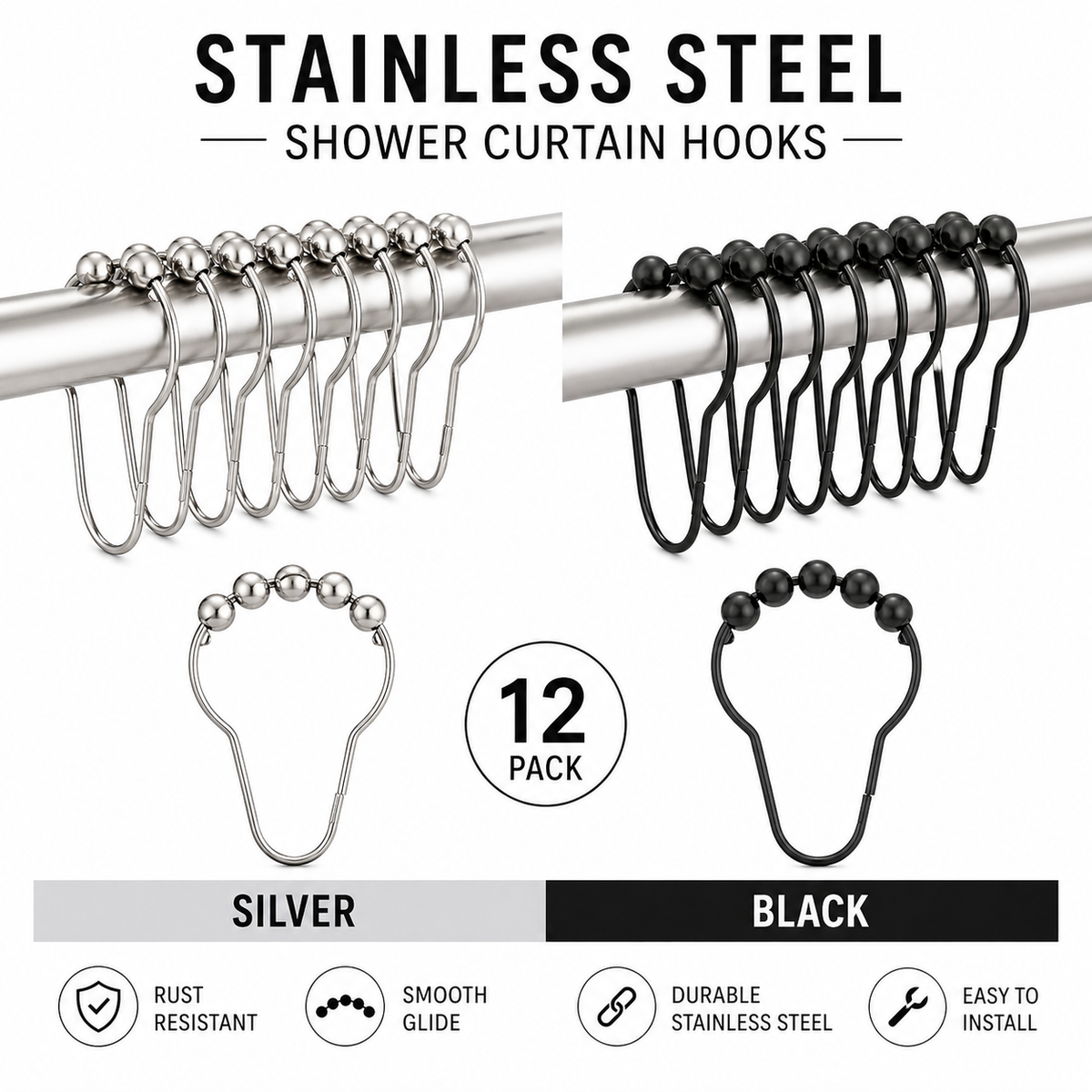 Premium Stainless Steel Roller Ball Shower Curtain Hooks – 12 Pack (Available in Black & Silver)