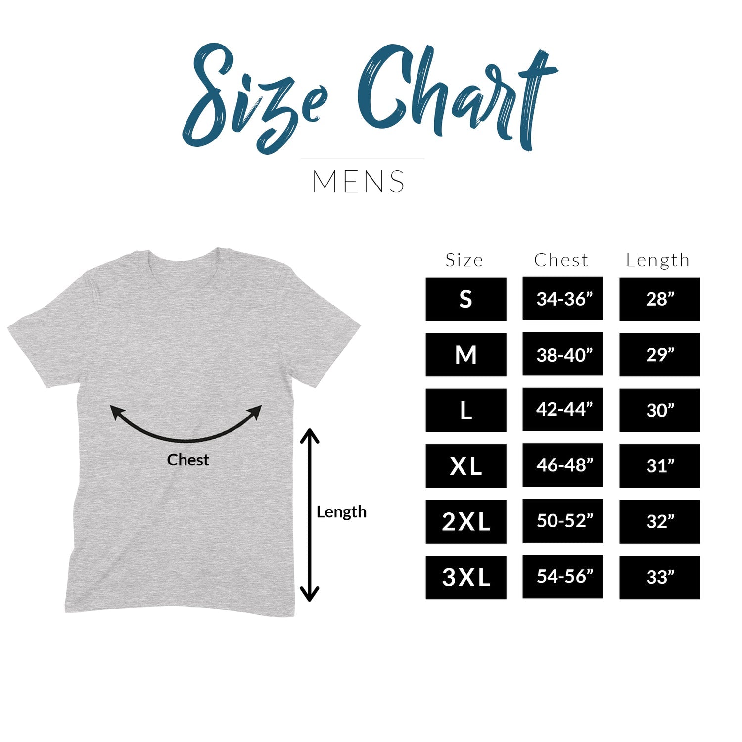 Size chart for men's t-shirts with a gray t-shirt illustration on a white background.