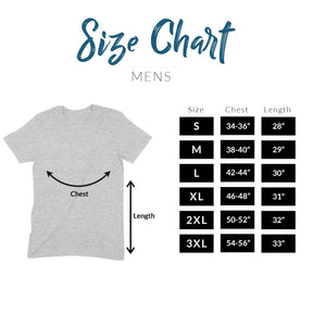 Size chart for men's t-shirts with a gray t-shirt illustration on a white background.