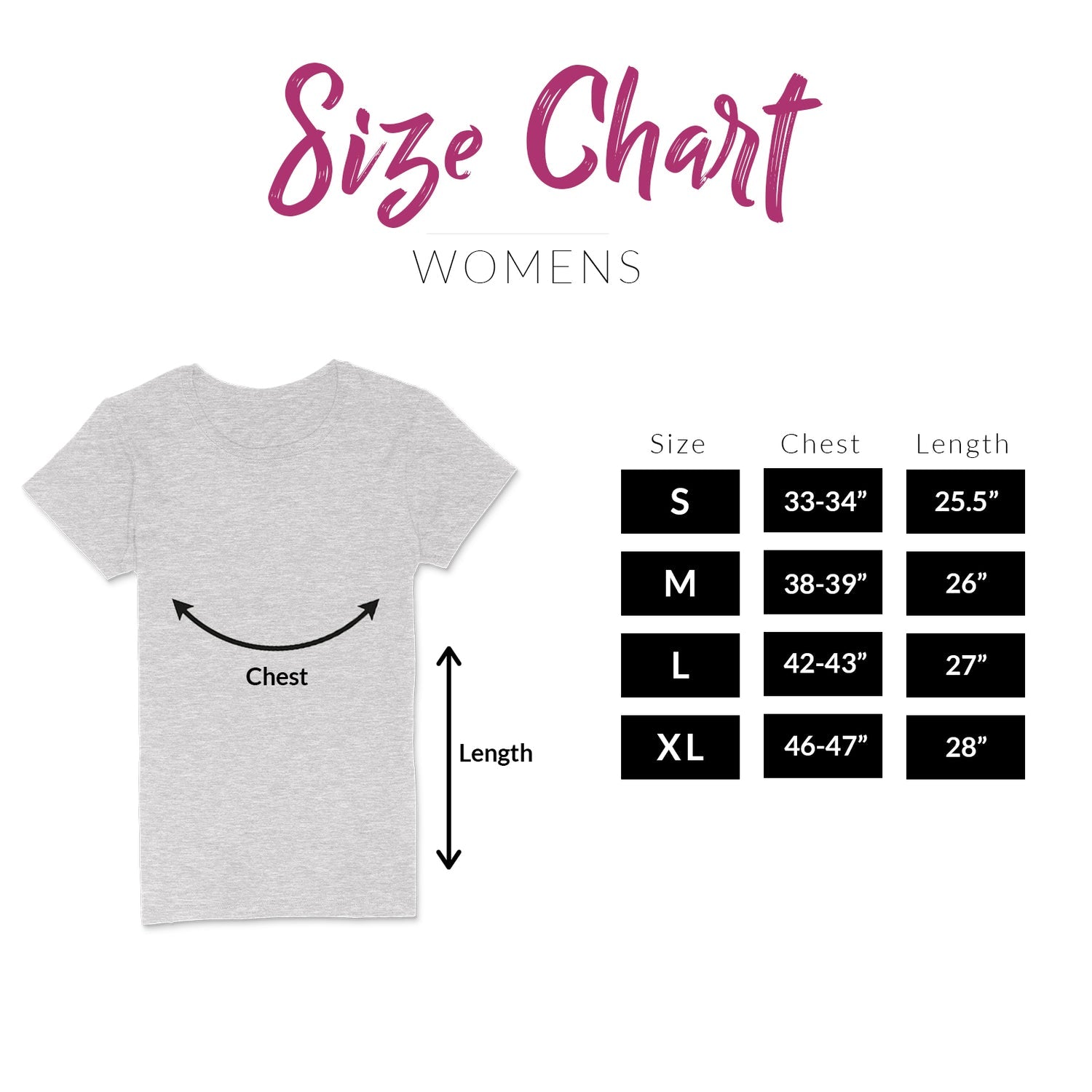Size chart for women's t-shirts with a gray t-shirt illustration and measurement details.