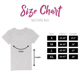 Size chart for women's t-shirts with a gray t-shirt illustration and measurement details.