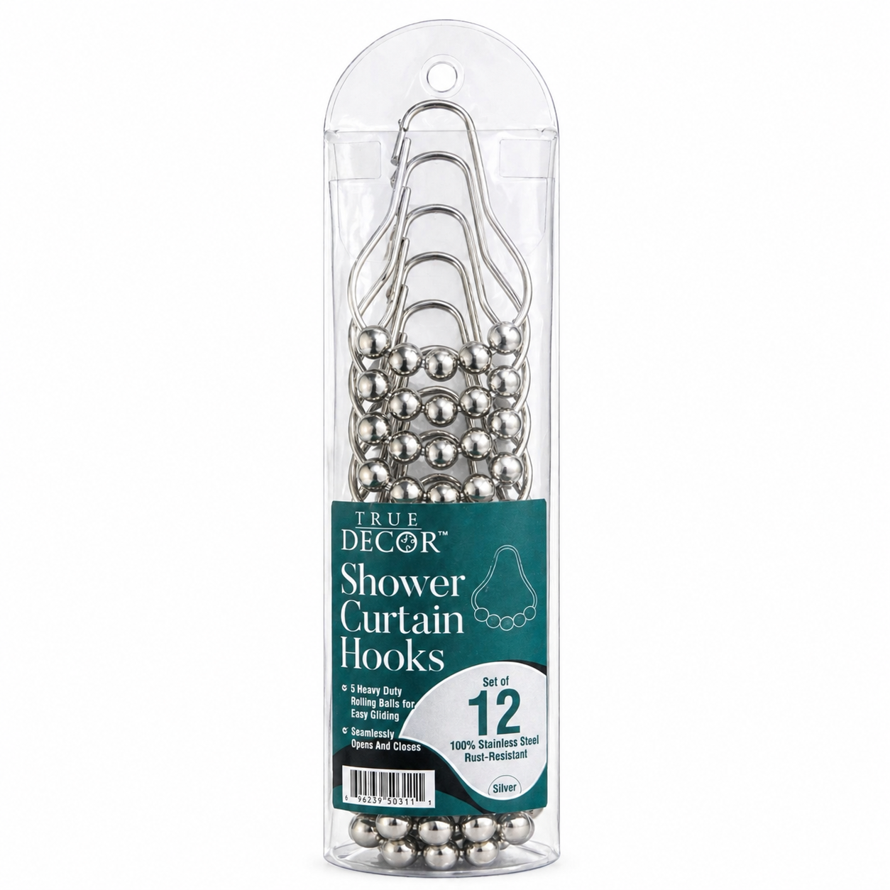 Premium Stainless Steel Roller Ball Shower Curtain Hooks – 12 Pack (Available in Black & Silver)