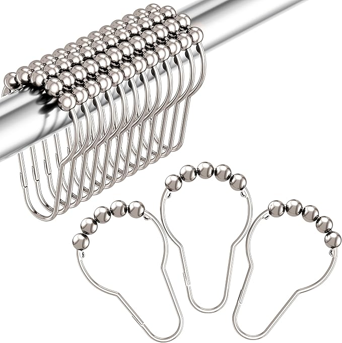 Premium Stainless Steel Roller Ball Shower Curtain Hooks – 12 Pack (Available in Black & Silver)