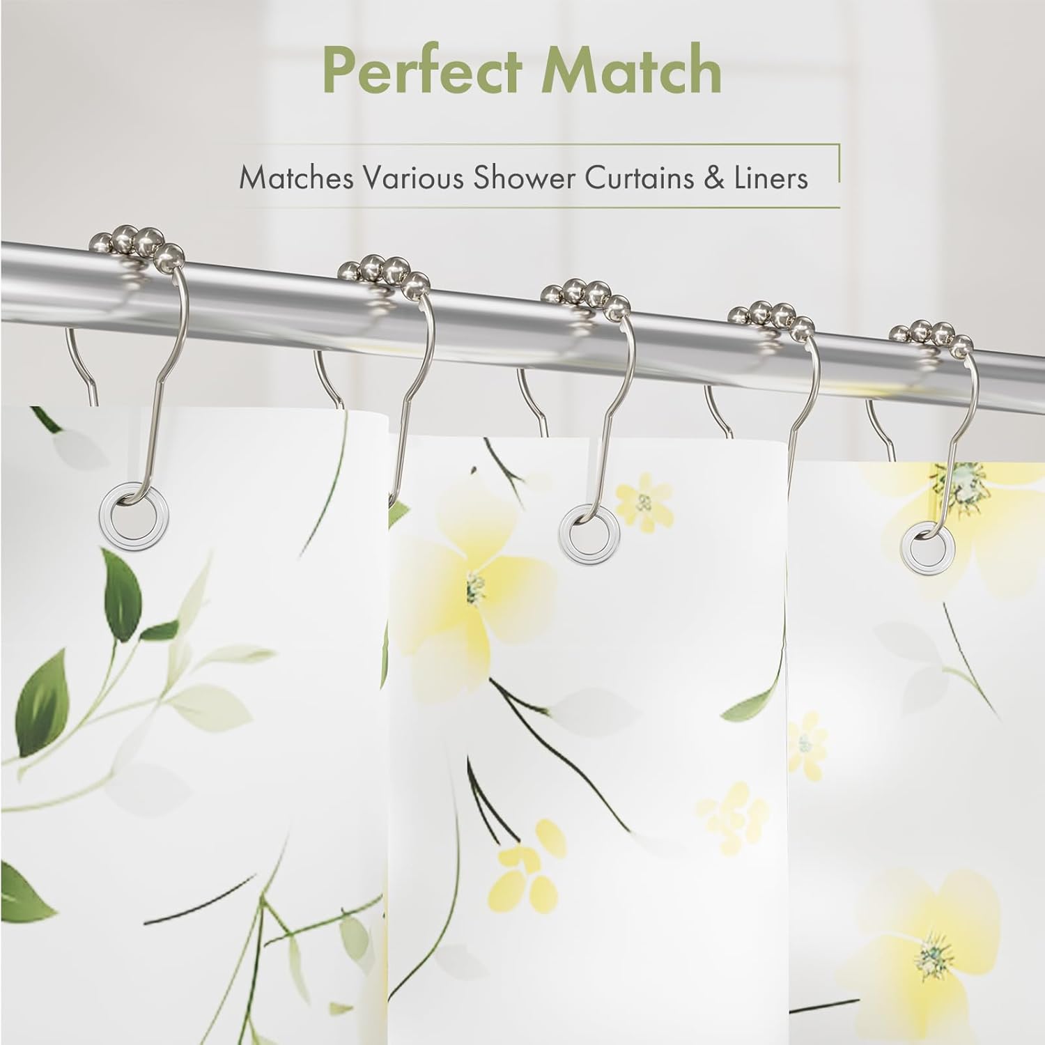Premium Stainless Steel Roller Ball Shower Curtain Hooks – 12 Pack (Available in Black & Silver)