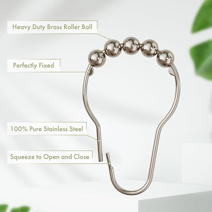 Premium Stainless Steel Roller Ball Shower Curtain Hooks – 12 Pack (Available in Black & Silver)