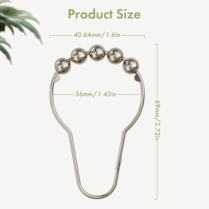 Premium Stainless Steel Roller Ball Shower Curtain Hooks – 12 Pack (Available in Black & Silver)