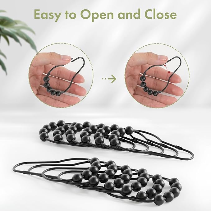 Premium Stainless Steel Roller Ball Shower Curtain Hooks – 12 Pack (Available in Black & Silver)