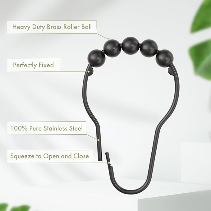 Premium Stainless Steel Roller Ball Shower Curtain Hooks – 12 Pack (Available in Black & Silver)