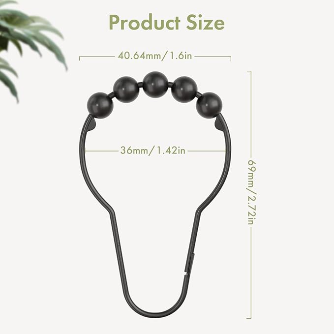 Premium Stainless Steel Roller Ball Shower Curtain Hooks – 12 Pack (Available in Black & Silver)