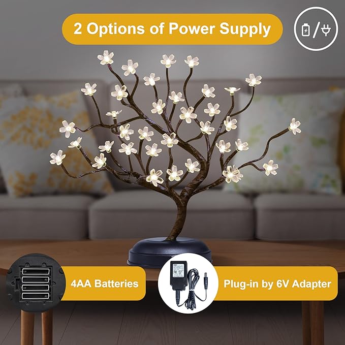 16" 36 LED Cherry Blossom Bonsai Tree - USB or Battery Powered with Timer