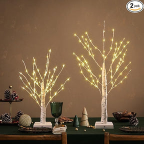 18" & 24" Birch Tree Bonsai Set with 147 Warm White LED Lights - Battery Operated