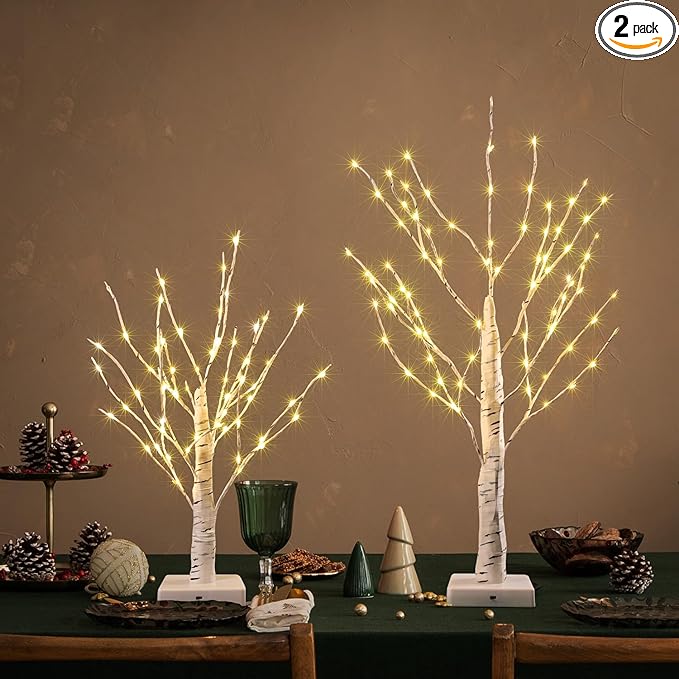 18" & 24" Birch Tree Bonsai Set with 147 Warm White LED Lights - Battery Operated