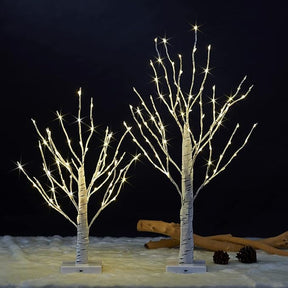 18" & 24" Birch Tree Bonsai Set with 147 Warm White LED Lights - Battery Operated