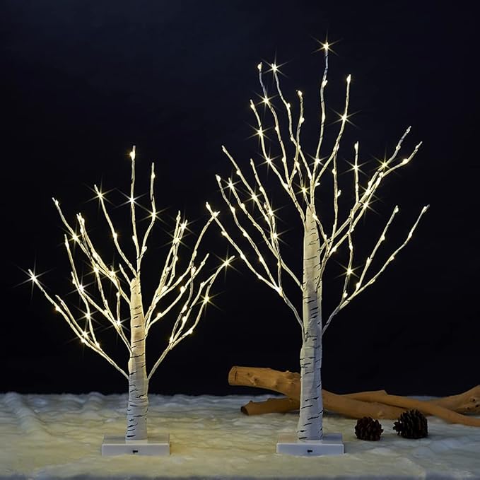 18" & 24" Birch Tree Bonsai Set with 147 Warm White LED Lights - Battery Operated