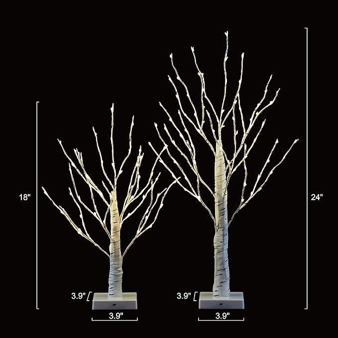 18" & 24" Birch Tree Bonsai Set with 147 Warm White LED Lights - Battery Operated