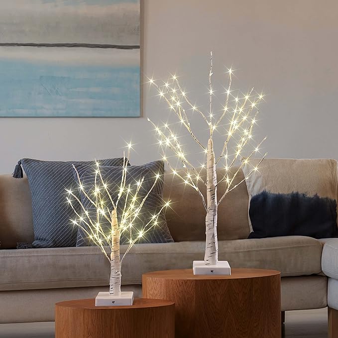 18" & 24" Birch Tree Bonsai Set with 147 Warm White LED Lights - Battery Operated