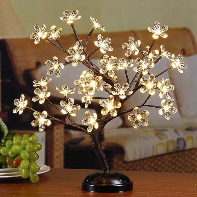 18" 36 LED Cherry Blossom Bonsai Tree with Timer - AC & Battery Powered