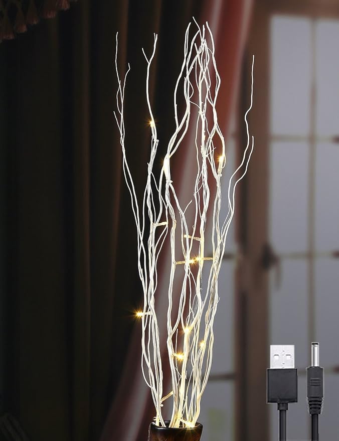 36-Inch Natural Willow Twig Lighted Branch, 16 LED, USB or Battery Powered