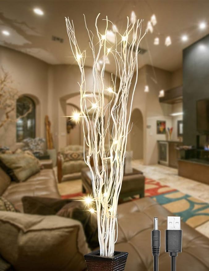 36-Inch Natural Willow Twig Lighted Branch, 16 LED, USB or Battery Powered