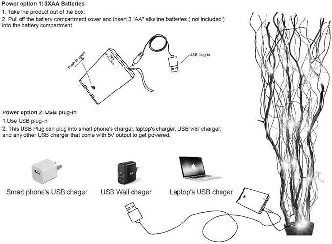36-Inch Natural Willow Twig Lighted Branch, 16 LED, USB or Battery Powered