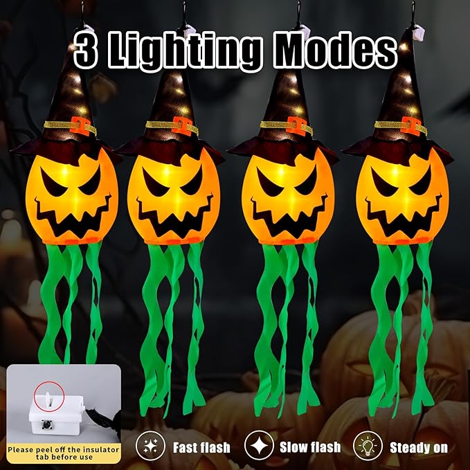 4-Pack Hanging Glowing Pumpkin Witch Hats - Outdoor Halloween Decor