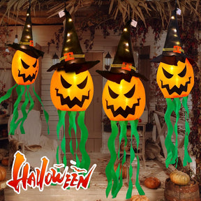 4-Pack Hanging Glowing Pumpkin Witch Hats - Outdoor Halloween Decor