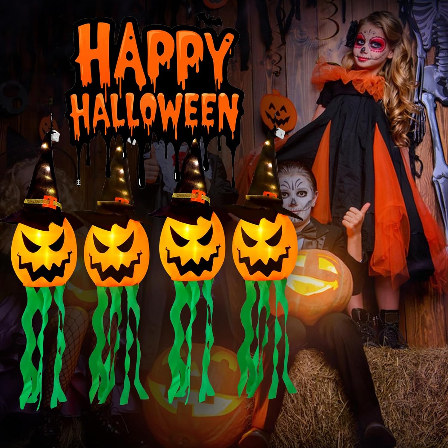 4-Pack Hanging Glowing Pumpkin Witch Hats - Outdoor Halloween Decor