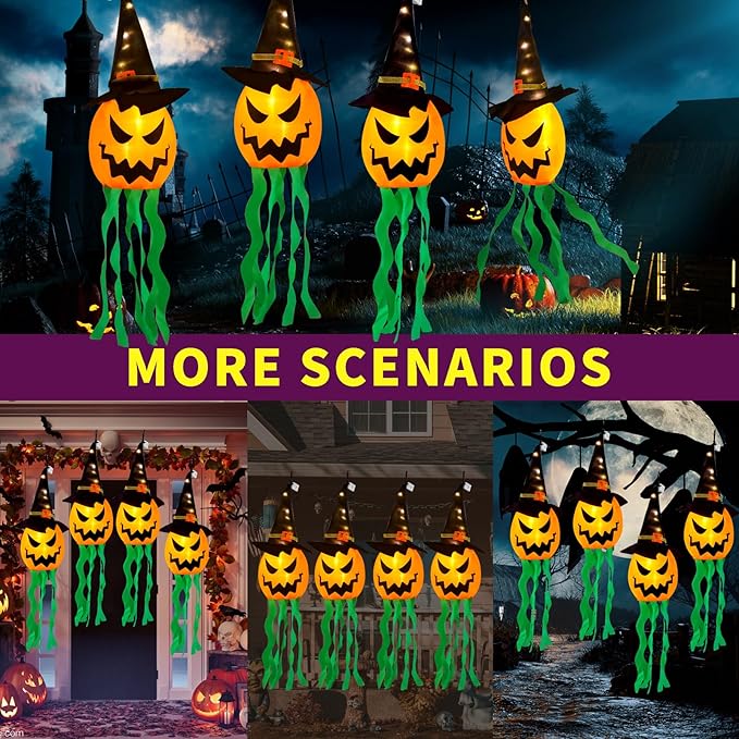 4-Pack Hanging Glowing Pumpkin Witch Hats - Outdoor Halloween Decor