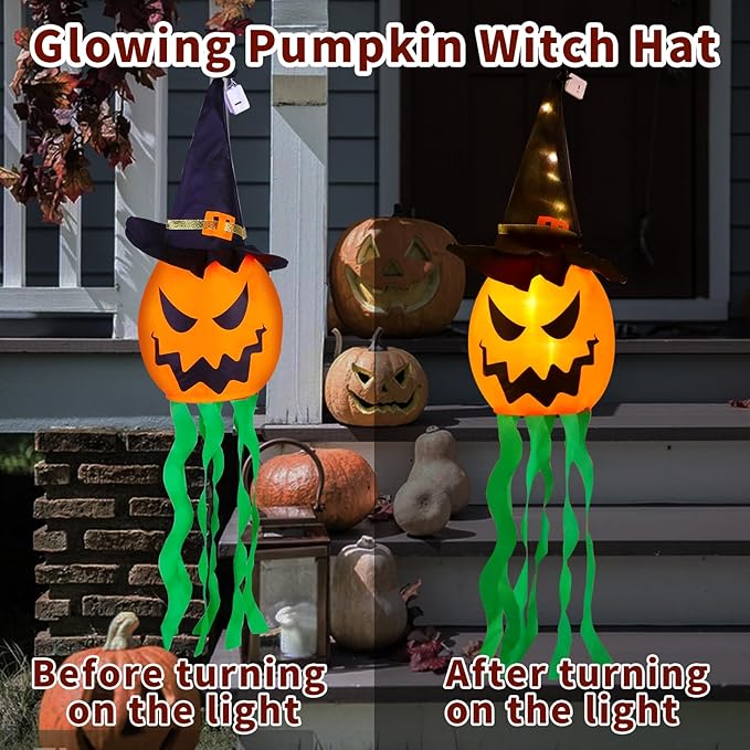 4-Pack Hanging Glowing Pumpkin Witch Hats - Outdoor Halloween Decor
