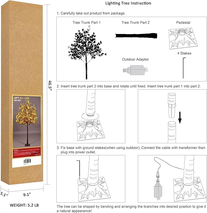 6FT Lighted Oak Tree - 88 LED Warm White Light - Low Voltage