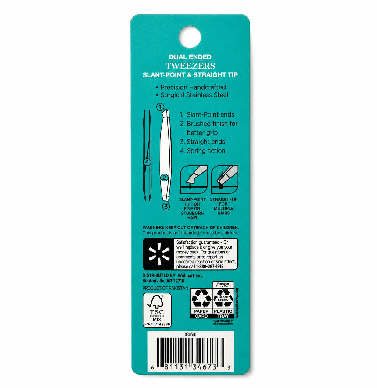 Equate Stainless Steel Dual-Ended Slant & Straight Tip Tweezers