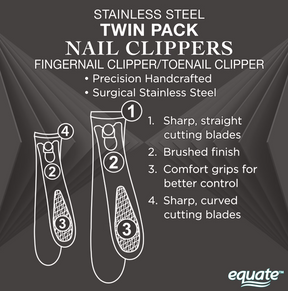 Equate Stainless Steel Nail Clipper Twin-Pack, 2 Pieces