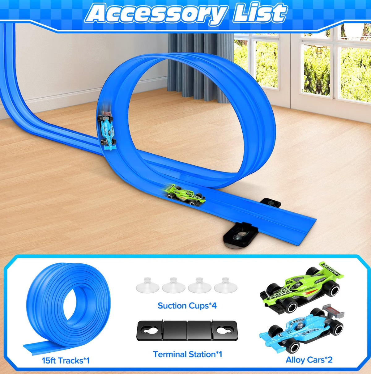 Flexible 15ft Race Car Track Set with 2 Diecast Cars