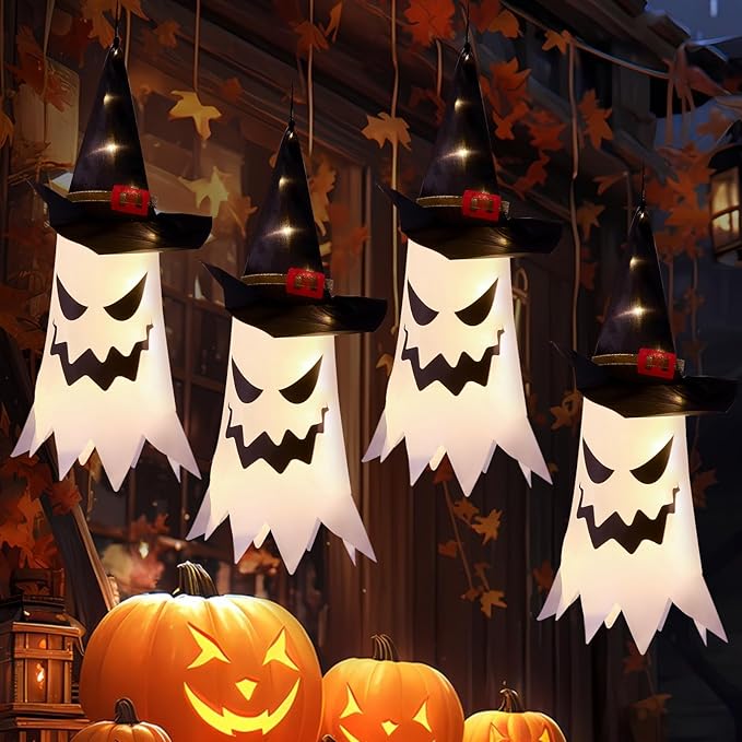 Hanging Glowing Ghost Witch Hats - 4 Pack Outdoor Halloween Decor