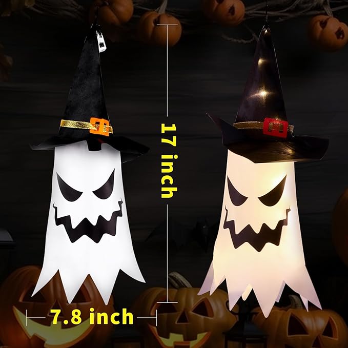 Hanging Glowing Ghost Witch Hats - 4 Pack Outdoor Halloween Decor
