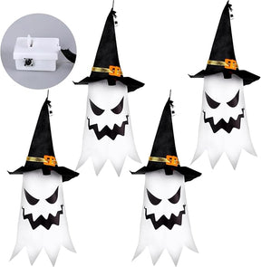 Hanging Glowing Ghost Witch Hats - 4 Pack Outdoor Halloween Decor