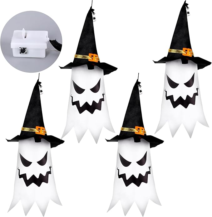 Hanging Glowing Ghost Witch Hats - 4 Pack Outdoor Halloween Decor