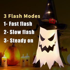 Hanging Glowing Ghost Witch Hats - 4 Pack Outdoor Halloween Decor