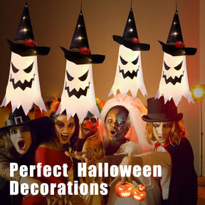 Hanging Glowing Ghost Witch Hats - 4 Pack Outdoor Halloween Decor