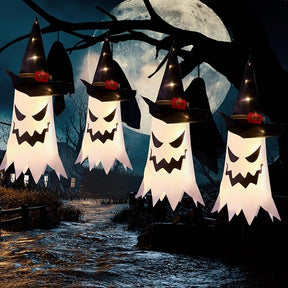 Hanging Glowing Ghost Witch Hats - 4 Pack Outdoor Halloween Decor
