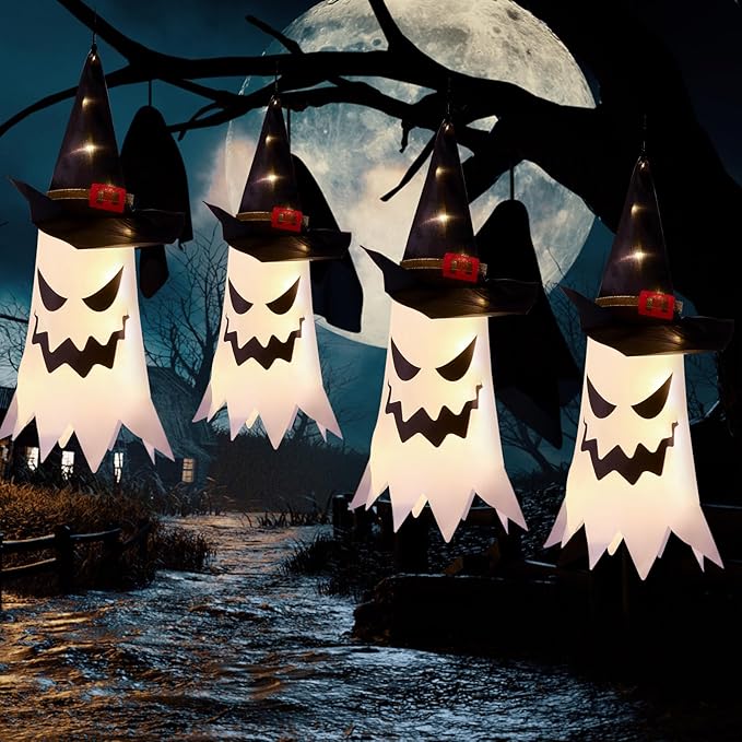 Hanging Glowing Ghost Witch Hats - 4 Pack Outdoor Halloween Decor