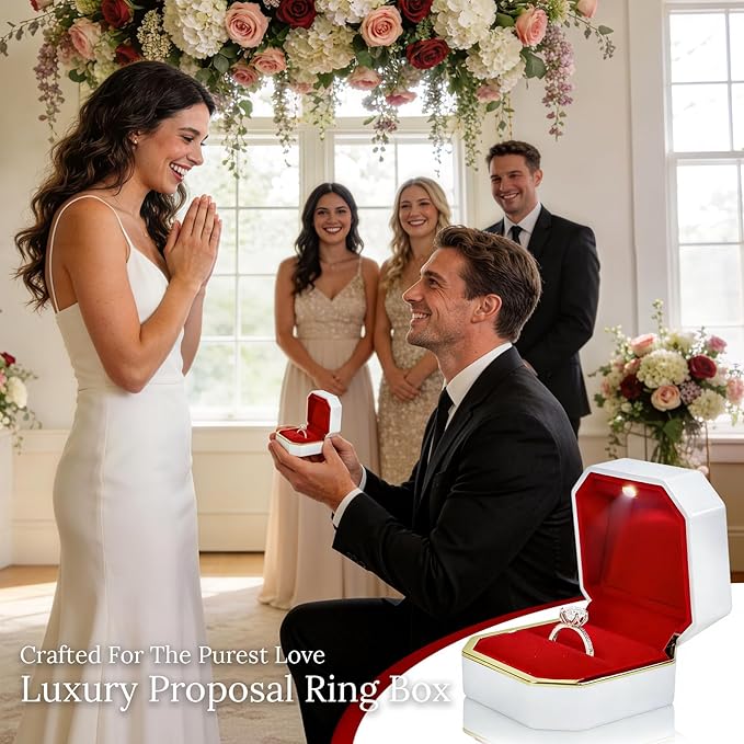 Luxury Velvet Engagement Ring Box with LED Light, Gift Box & Bow