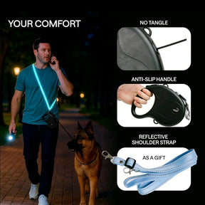 Retractable Dog Leash with Foldable Water Bowl, Poop Bags, and Reflective Strap - Medium