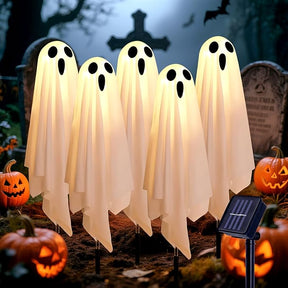 Set of 5 Solar Halloween Ghost Lights - Outdoor Ground Stake Decor