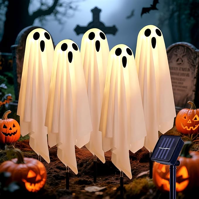 Set of 5 Solar Halloween Ghost Lights - Outdoor Ground Stake Decor